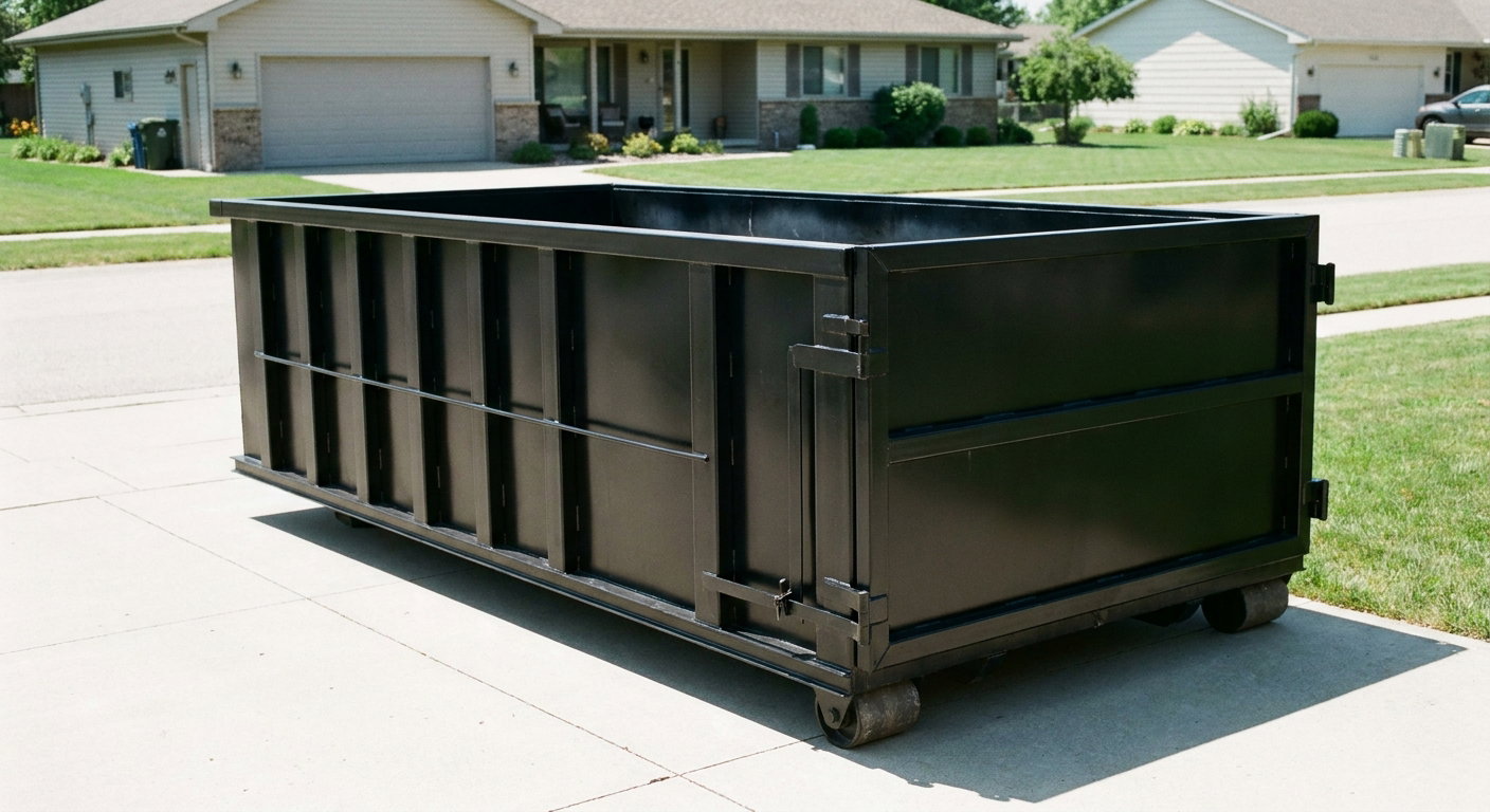 Matte-black 10-yard roll-off dumpster on a residential concrete driveway in Port Saint Lucie, uniformly painted matte black across every panel and rail, ribbed steel sidewalls and rear swing door visible, mid-day daylight.