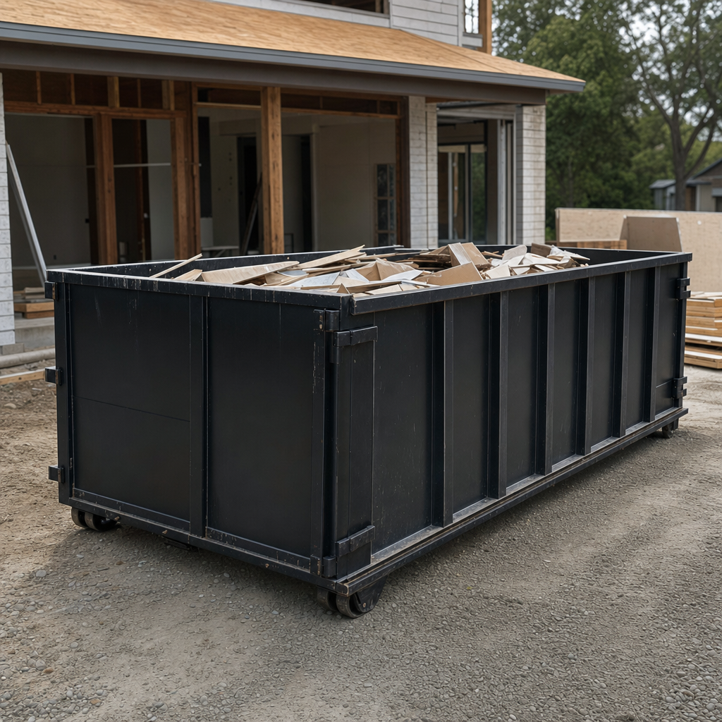 Large matte-black 30-yard construction roll-off dumpster at an active Port Saint Lucie jobsite, steel-gray top rails and bottom rollers visible, loaded with construction debris.
