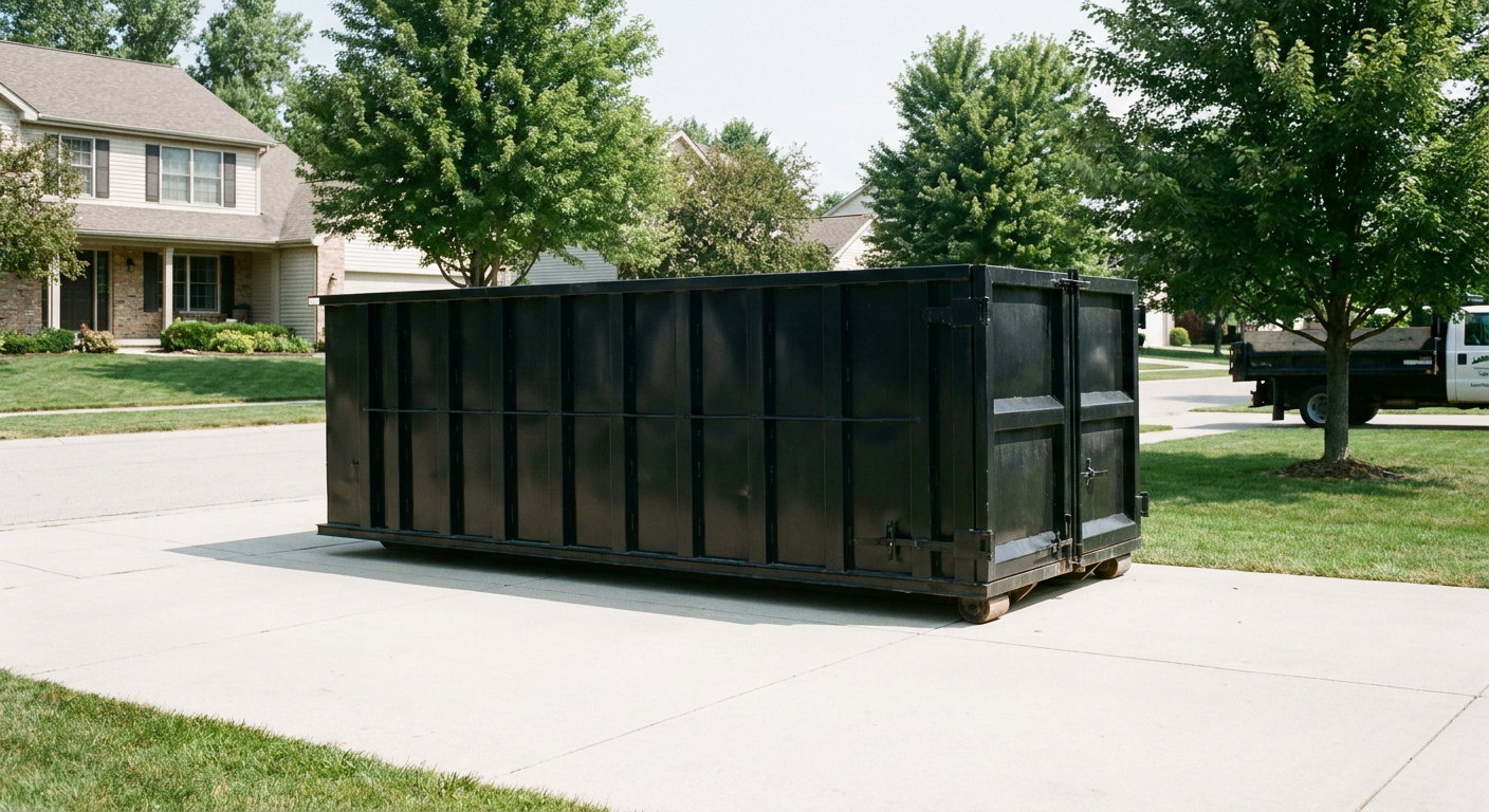 Matte-black 20-yard roll-off dumpster sitting level on a clean Port Saint Lucie residential concrete driveway under bright daylight, demonstrating clean placement directly on the concrete.