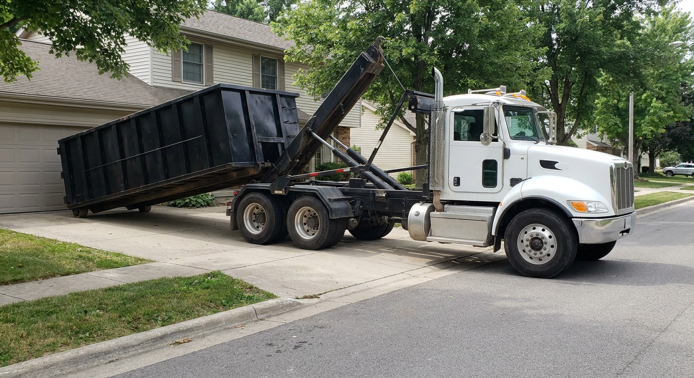 White-cab hooklift roll-off truck actively lowering a matte-black dumpster onto a Port Saint Lucie residential concrete driveway, the dumpster's rear wheels touching the driveway as the hoist arm tilts the bed forward, mid-morning daylight.