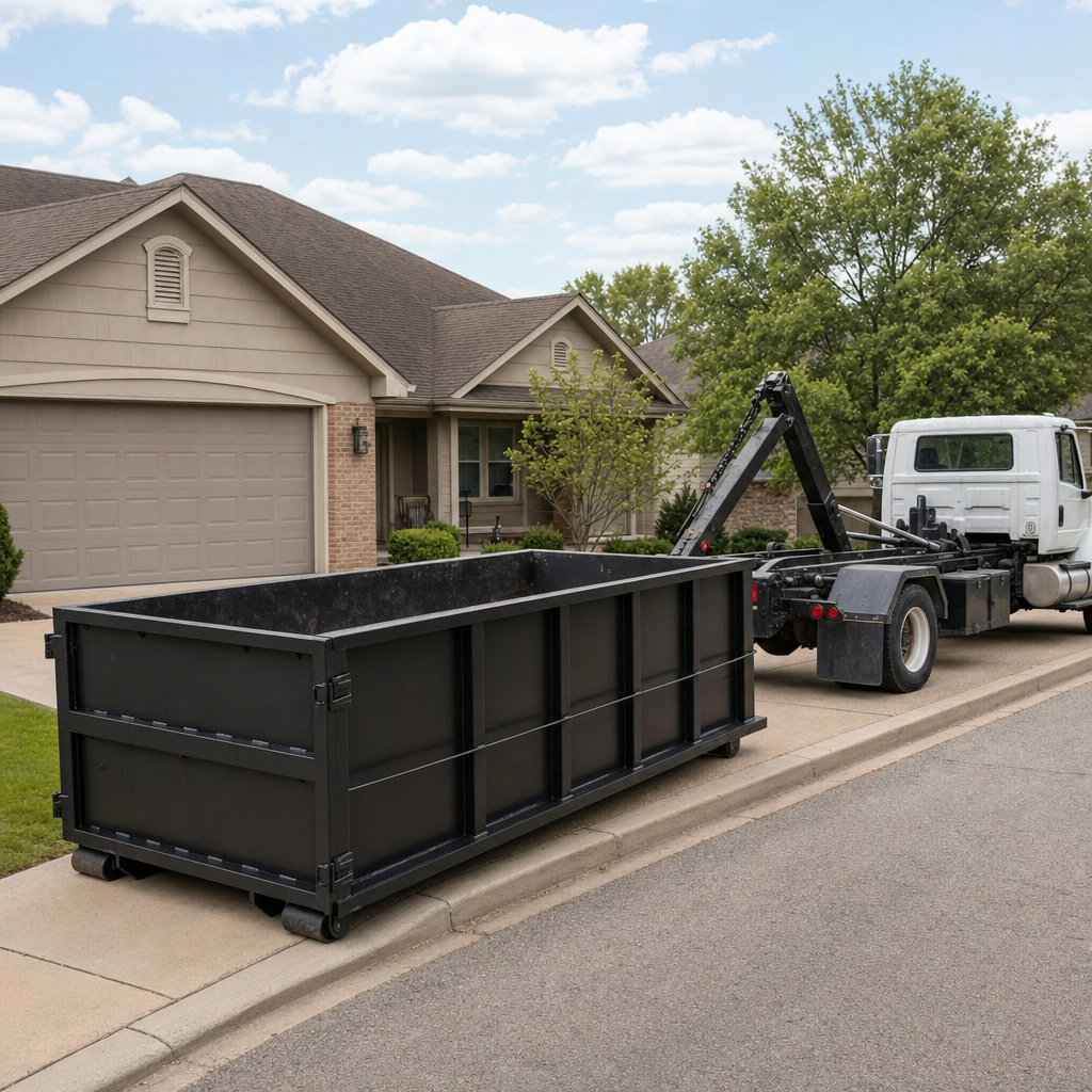Wide documentary shot of a matte-black roll-off dumpster on a Port Saint Lucie residential driveway in the foreground and a contractor jobsite container in the soft-focus background, bright daylight, calm and orderly composition.